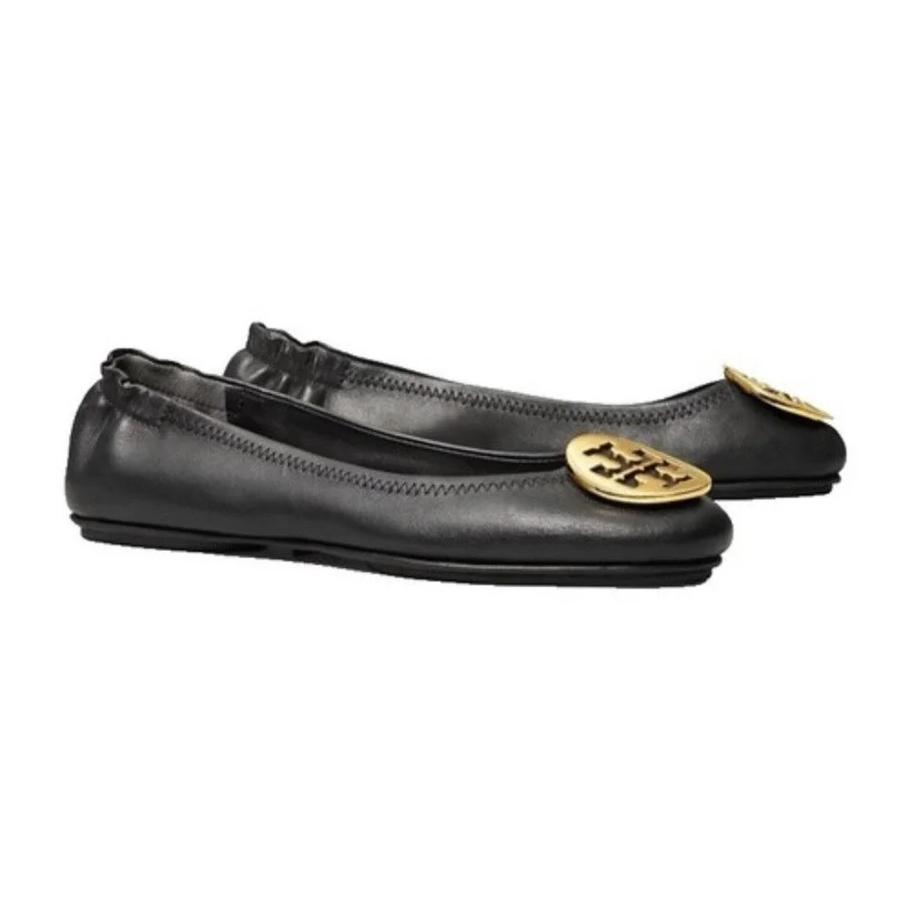 Tory Burch Minnie Travel Ballet Flats Black Leather Gold Logo Sz-10M